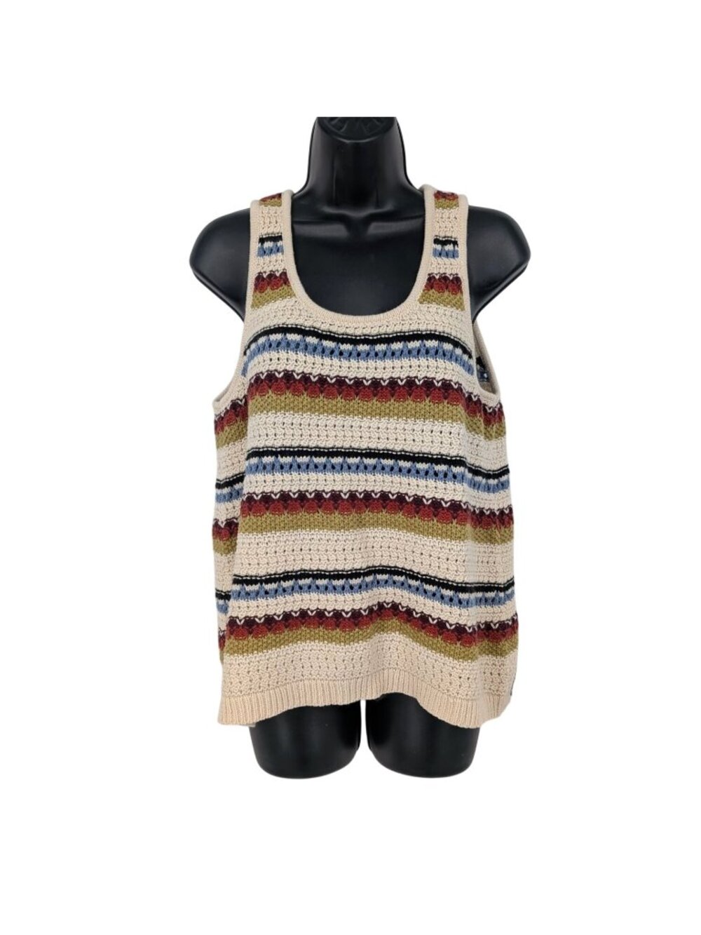 Crochet Knit Tank Top Striped Open Weave Festival Cottage Granola Hippie Large